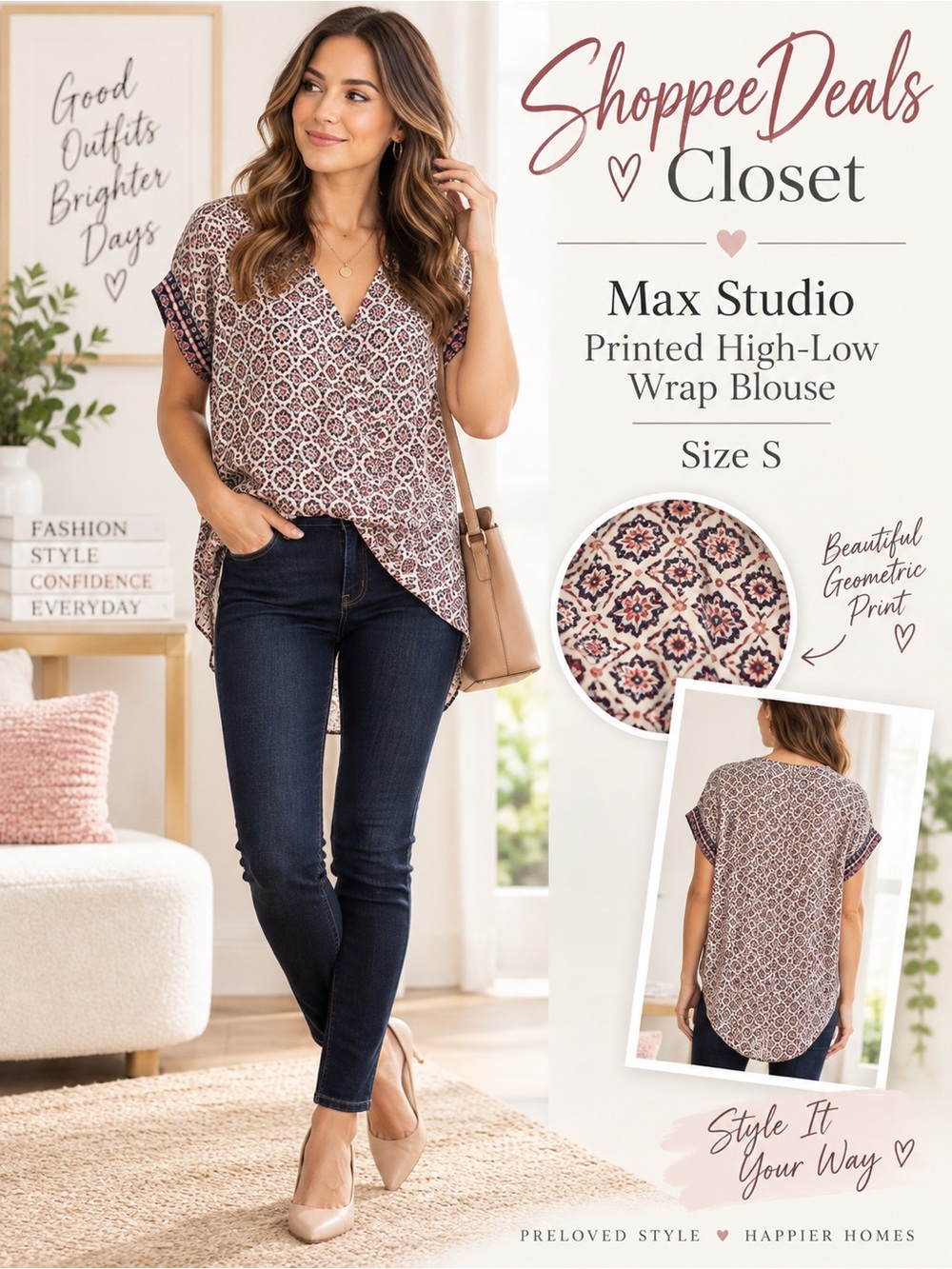 Max Studio Printed High-Low Wrap Blouse Size S